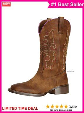 Wide Square Toe Calf High Western Cowboy Boots Faux Leather
